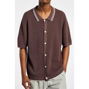 Standard Cloth Brown Waffle Stitch Short Sleeve Lightweight Knit Polo Shirt